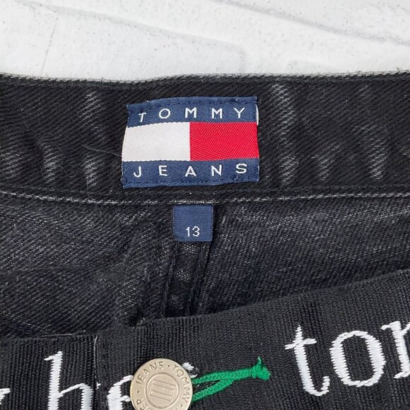 Tommy Jeans Juniors 13 31Wx29.5L Black Logo Tape Waist Cotton Taper 80s VTG - Picture 5 of 12